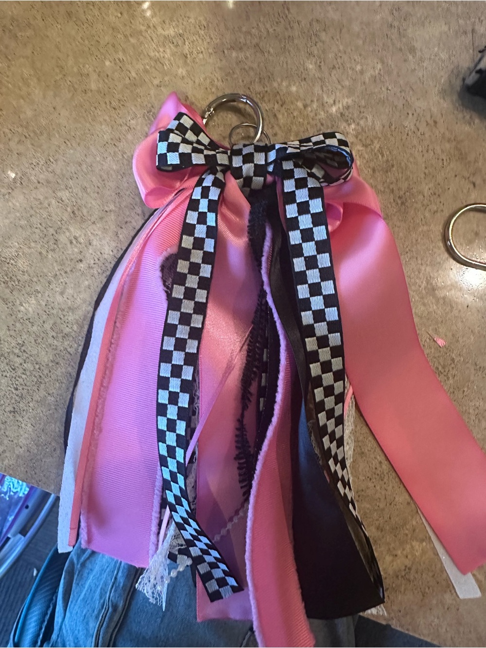 Pink Ribbon Keychain Charm with Checkerboard Accent